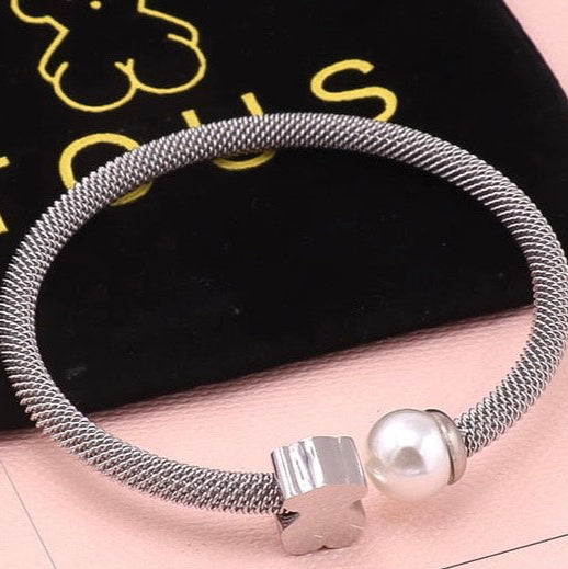 Bear Silver Pearl Bangle